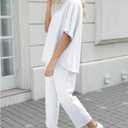 SeeLuNa Women's Two Piece Outfits 3/4 Batwing Sleeve Capelet Crew Neck Pullover Top Wide Leg Pants Lounge Set (White, L)