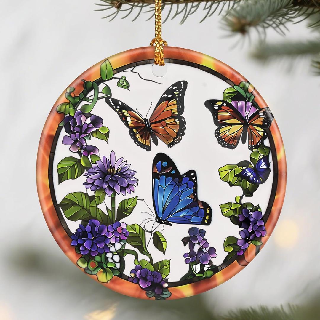 Butterfly Christmas Ornaments: Christmas Tree Ornaments, Holiday Decor for Butterfly Lovers, Stocking Stuffers, Gift Ideas, Xmas Gifts & Gifts for Mom Women (Purple Flower-butterfly)