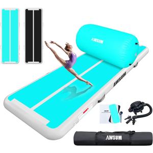 AWSUM 10ft /13ft Gymnastics Mat with Air Roller Tumbling Barrel Back Somersault Backbend Trainer for Inflatable Gymnastics Springboard Back Handspring Equipment, with Electric Pump (Mint Green/White+Green/Black Roller)