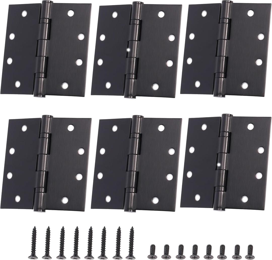 6-Pack 4.5 X 4.5 inch Black Heavy Duty Commercial Door Hinges Thickened, Silent Plain Steel Ball Bearing Door Hinges, Thickness 3 mm Stainless Steel Square Corners with 48 Screws Non-Removable Pin
