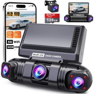 ENLIK Dash Cam Front and Rear 360 Dashcam 4 Channel Car Camera Dash Camera for Cars, QHD 2K+1080P*3 Camara with 128GB Card, 5G WiFi &APP Control, Night Vision/G-Sensor, 168Wide Angle, Parking Mode (Black)