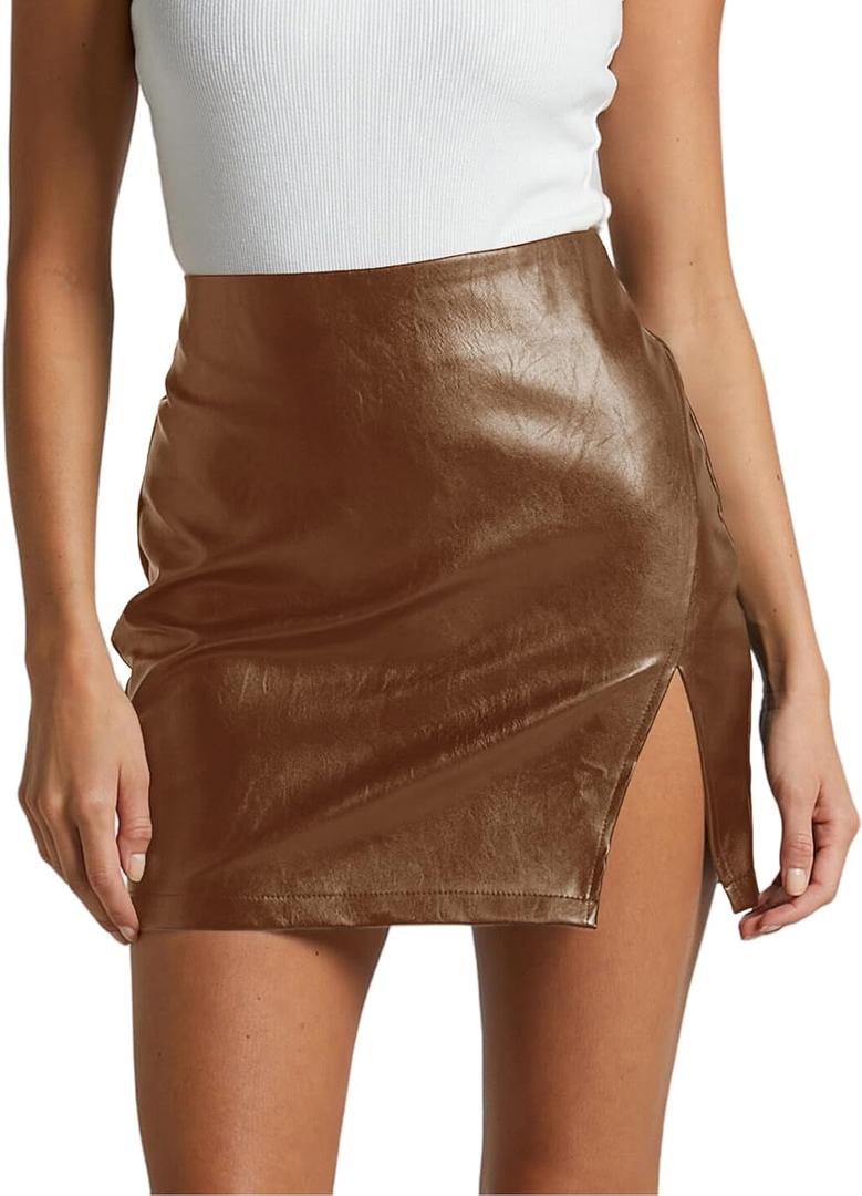 Womens High Waisted Leather Mini Skirts Sexy PU Faux Leather Bodycon Short Skirts with Slit (Brown) M