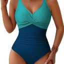 Pink Queen Women One Piece Swimsuit 2026 Patchwork Twist Front V Neck Ruched Tummy Control Swimwear Bathing Suits (Blue, L)