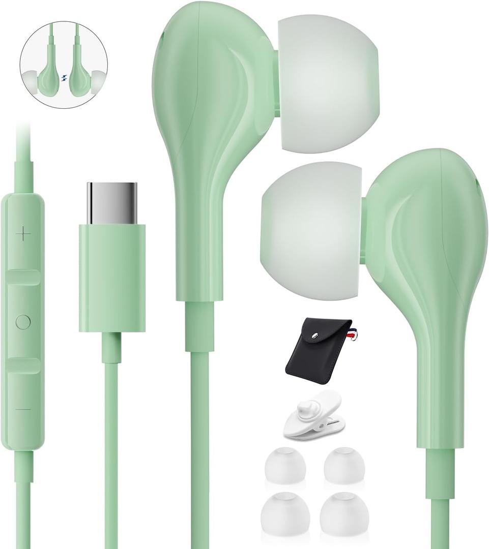 Wired Headphones USB C for for Samsung S26 S25 Ultra A17 A16 S24 S23 in Ear USB-C Headphones Wired with Microphone Volume Control Type C Headphones iPhone 16 Pro Max iPad mini Xiaomi Pixel Green