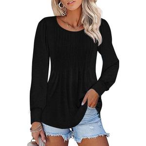 Womens Puff Long Sleeve Tunic Tops Pleated Scoop Neck Shirts Slim Fitted Elastic Business Casual Blouses (Black, M)