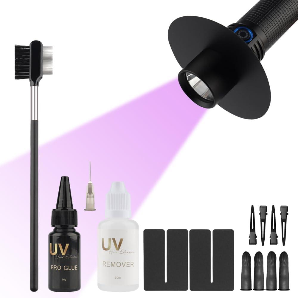 UV Glue Hair Extensions Big Power 20W UV LED Lamp Hair Extension System Tool Kit Stonger UV LED Bubbles 20g UV Glue with Hair Bonding Glue Remover Anti-UV Shield Guards