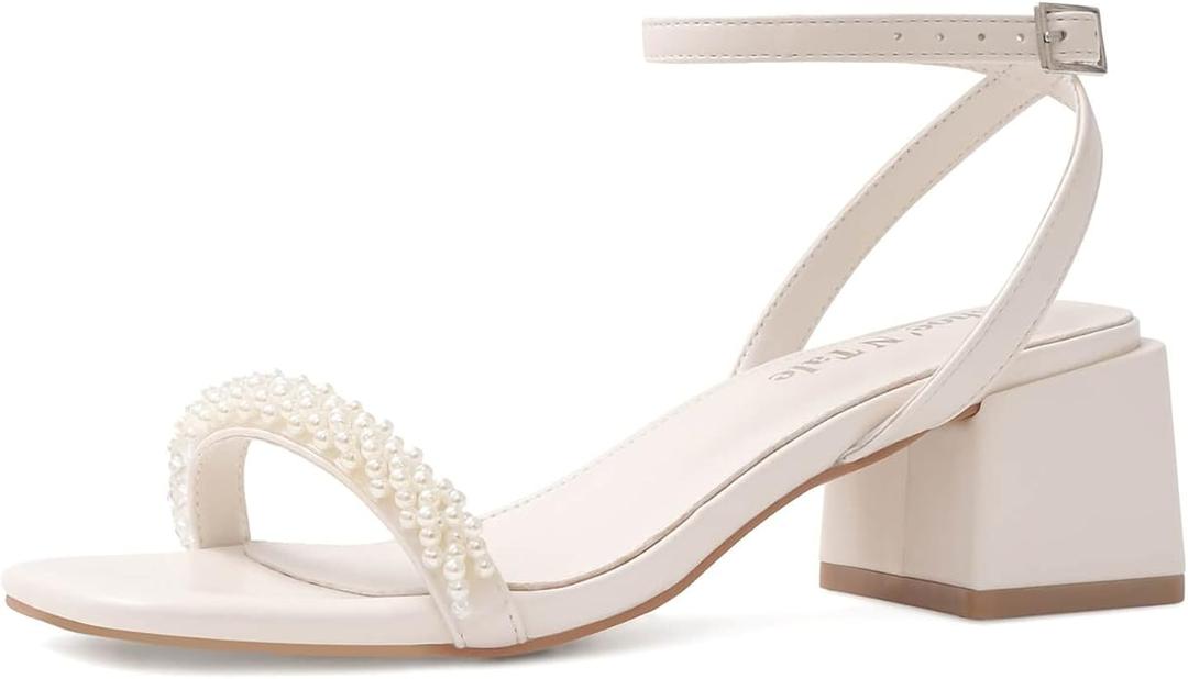 Shoe'N Tale White Heels for Women Low Chunky Block Heel Square Open Toe Heeled Sandals Size 10 Cream White