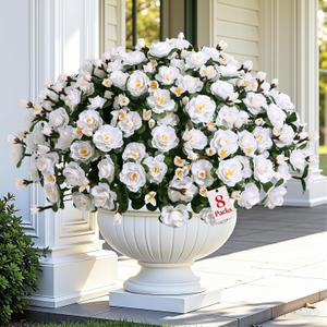 Alupssuc 8 Large Bundles Artificial Flowers for Outdoors Spring Decoration, UV Resistant Faux Flowers Silk Camellia Realistic Fake Flowers for Yard Patio Planter Porch Balcony Garden, White