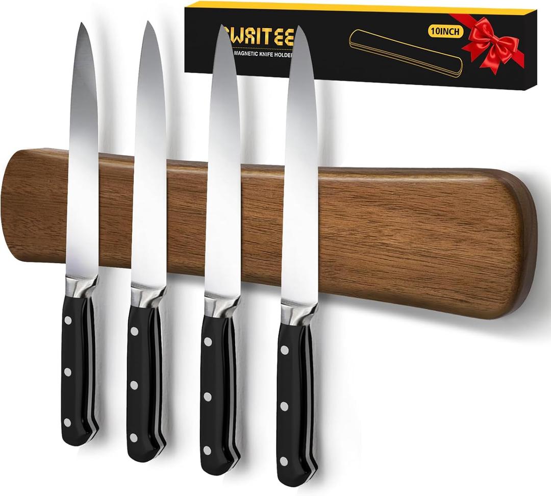Magnetic Knife Holder for Wall, 10 Inch Wood Strong Magnetic Knife Strip, Small Kitchen Storage Space Savers, Rv Apartment Farmhouse Accessories Organizer, Housewarming Gifts for New Home (Brown)