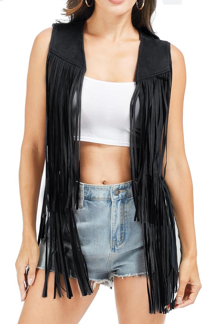 Fahsyee Fringe Vest Women Western Tops Faux Suede Tassel Cowgirl Outfits 70s Hippie, Large