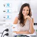 Tower Power Strips with Surge Protection, 6FT Flat Extension Cord with Multiple Outlets, 12 AC 4 USB Ports, Overload Protection Charging Station for Office Home Dorm Room Travel (White)