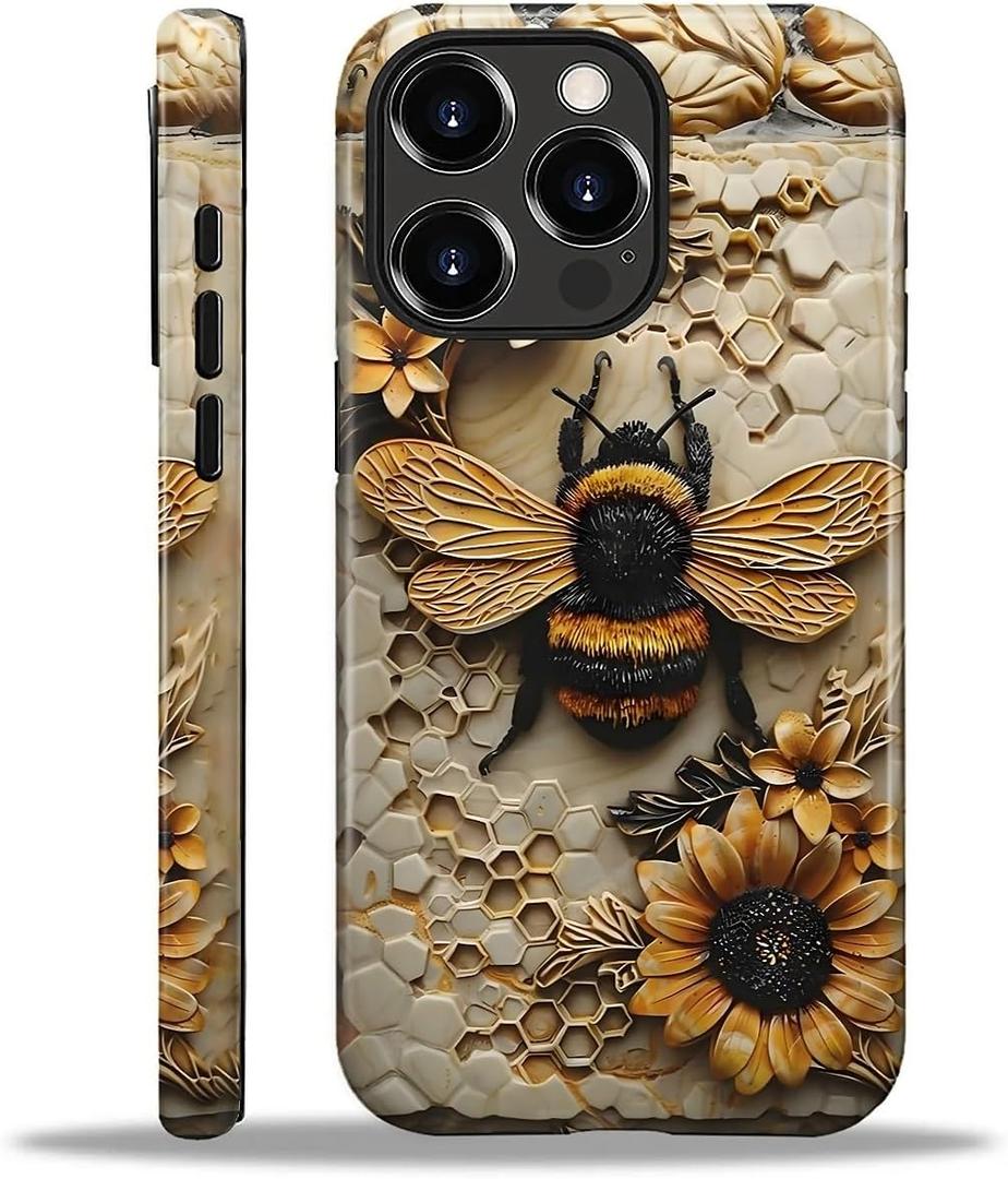 Compatible with iPhone 16 Pro Max Case - Dual-Layer Protection, Hard Shell with Silicone Interior,Slim Scratch Resistant Shockproof for Woman Men - Bumblebee Sunflower Honeycomb