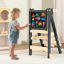 Foldable Toddler Tower, Wooden Toddler Kitchen Stool with 3 Adjustable Heights and Removable White/Blackboard, Montessori Foldable Learning Tower Kitchen Stool, Natural Wood