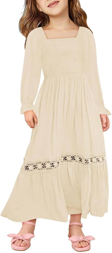 Haloumoning Girls Boho Summer Dresses Long Sleeve Square Neck Smocked Beach Dress Flowy A-line Maxi Dress  (150)
