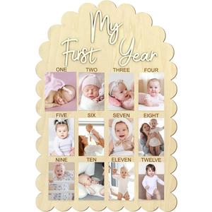 Cinnvoice My First Year Photo Board, Scalloped 33 x 22 Inch Wood Picture Frame 1st Birthday Decorations, 12 Months Milestone Photo Display Board for Newborn Keepsake Nursery Decor, Fits 4x6'' Picture, 33.86 inches x 22.44 inches