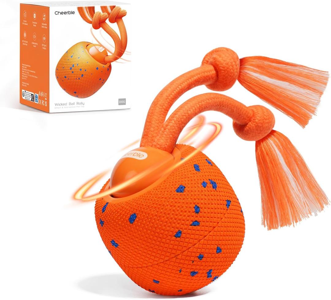 Cheerble Smart Interactive Dog Toy, Wicked Ball Rolly, Automatic Moving, Bouncing, Rotating, E-TPU Material, with Rope & Barks Sound Active Rolling Interactive Dog Ball for Medium and Large Dogs