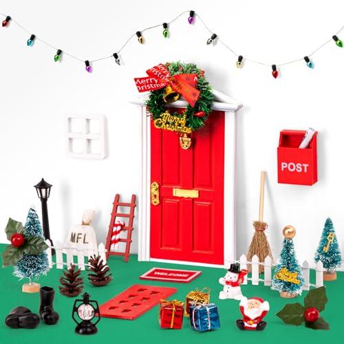 31Pcs Christmas Elf Fairy Door Kit - Miniature Accessories Garden Wooden Decorations Craft Set(Red)