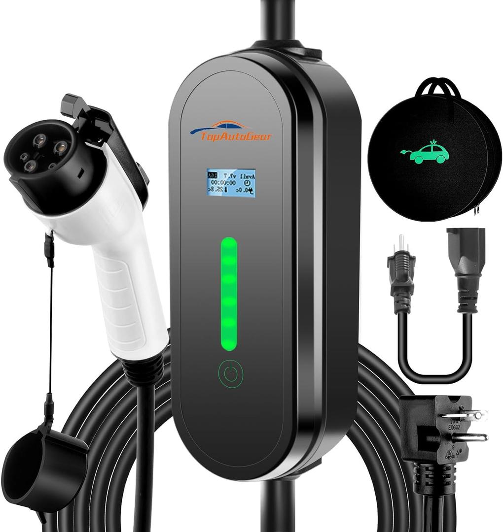 Portable EV Charger Level 1 & 2, 110V-240V Emergency Backup Travel Cable, Adjustable 8-16A Current for Home Safety, NEMA 6-20 Plug with 5-15 Adapter, 17ft, Works with All J1772 EVs