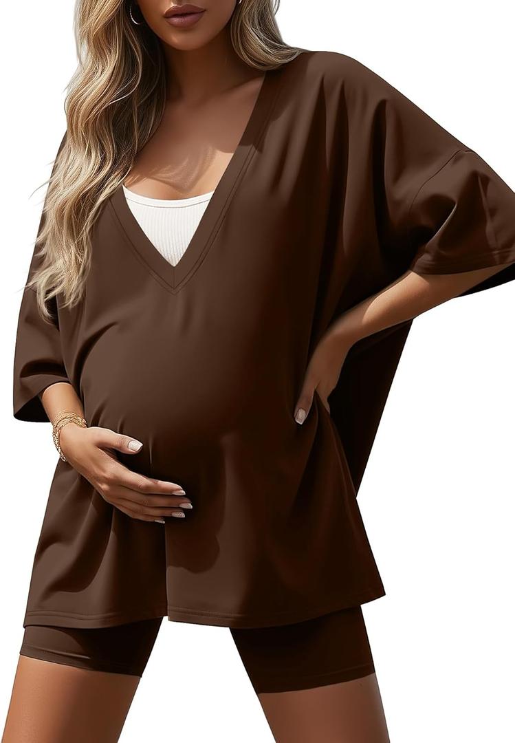 Sweetyweee Women's 2 Piece Maternity Lounge Set Oversized Nursing V Neck Short Sleeve Shirt Cotton Pregnancy Short Pajama Set(Chestnut, X-Large)