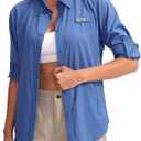 Womens Sun Protection Fishing Shirt with Zipper Pockets Lightweight SPF Long Sleeve Shirts for Hiking Safari Grey Blue, Small