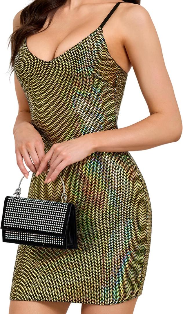 Women's Glitter Sequin Dress Adjustable Spaghetti Strap Fashion Sparkle Party Dresses (Gold, M)