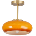 Qufute Brass Modern Hallway Ceiling Light  Orange Glass Ceiling Lamp with Dome Shade, Gold Mid Century Semi Flush Mount, Bedroom Entrance Light Fixture