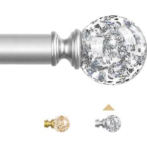 TVWOO Silver Decorative Crystal Curtain Rods:36-88 Inch Heavy Duty Adjustable Window Curtains Rods for Bedroom Living Room,Nickel Modern Girly Acrylic Drapery Rods Set with Sheer Bling Foil Finials