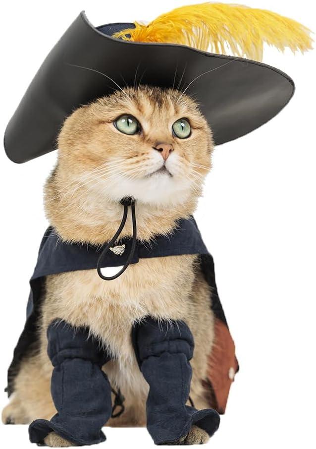 EOILFM Pet Cat Dog Puss in Boot Costume Cosplay Halloween Cute Kitten Puppy Clothes Dress up Pretend Play with Cloak Hat Belt Cape Accessories, Small, Black