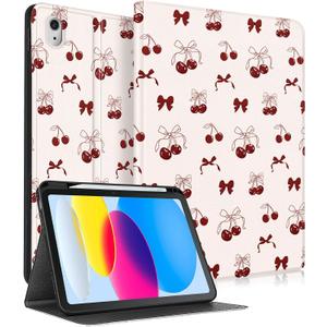 for iPad A16 Case (11th) 2025,for iPad 10th Generation 10.9 inch (2022) - Smart Folio Cover (Auto Wake/Sleep) with Build-in Pencil Holder for Apple Tablet Cover for Women Girls,Bow Cherry