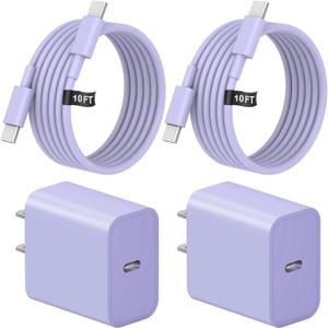 10 Ft iPhone 16 15 Charger Fast Charging USB C Charger Block Type C Chagrer Fast Charging 2-Pack for iPhone 16/16 Plus/16 Pro/16 Pro Max/iPhone 15/15 Pro Max/Samsung(Purple)
