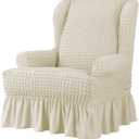 Stretch Wing Chair Slipcovers 1 Piece, Seersucker Fabric Armchair Covers with Skirt Elegant Ruffle, Living Room Sofa Slipcover Furniture Protector-Beige-1 Piece