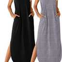 Ficerd 2 Pcs Women's Maxi Dresses Summer Sleeveless Beach Long Dress V Neck Casual Loose Split Sundress with Pockets S