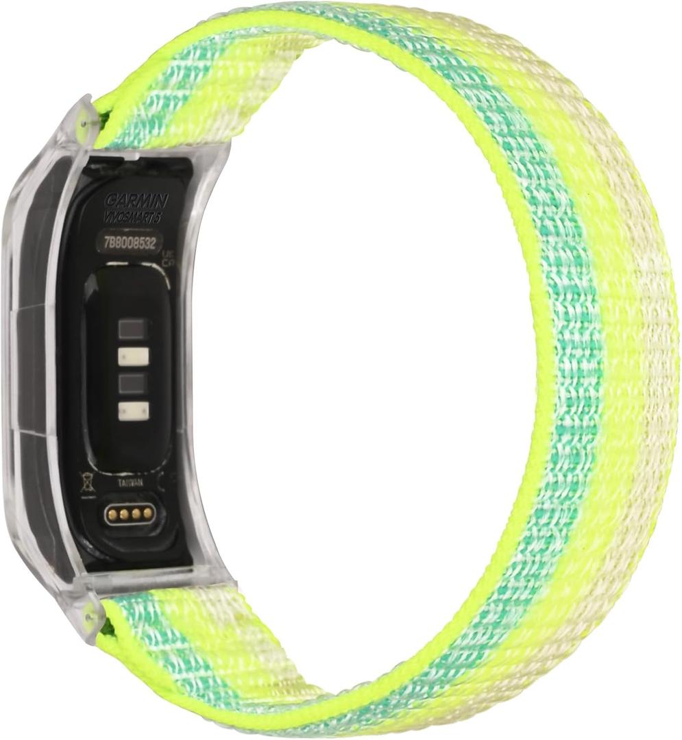 Sport Mesh Nylon Bands Compatible with Garmin Vivosmart 5 tracker Replacement Bands with Case (Transparent Case-M(5.1-8.3inch), Stripe Yellow with Transparent Case)
