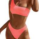 YIMISAN Women's Ribbed Bikini Sets One Shoulder Top with Mid Waist Two Piece Bathing Suit (Large, Coral Pink)