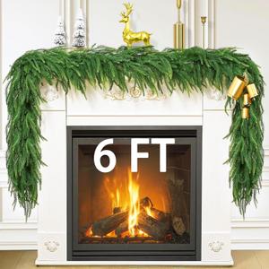 2 Pack 6 FT Christmas Garland Real Touch Norfolk Pine Garland Realistic, Christmas Faux Cedar Garland with Lights for Mantle Table Front Door Indoor Outdoor Holiday Christmas Decor
