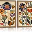 2Pcs Framed Colorful Floral Wall Art Abstract Scandinavian Flower Canvas Wall Decor Paintings, Mid Century Modern Botanical Artwork Pictures Prints for Living Room Bedroom Dining Room 16x24 In