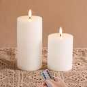 White Ribbed Flameless Pillar Candles with Remote, Flickering LED Wax Candles Battery Operated Set of 2
