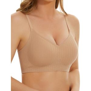 WOWENY Wireless Push Up Bras for Women Comfortable Ribbed Seamless Bralettes V-Neck Adjustable Padded Everyday Bra (Large, Beige)