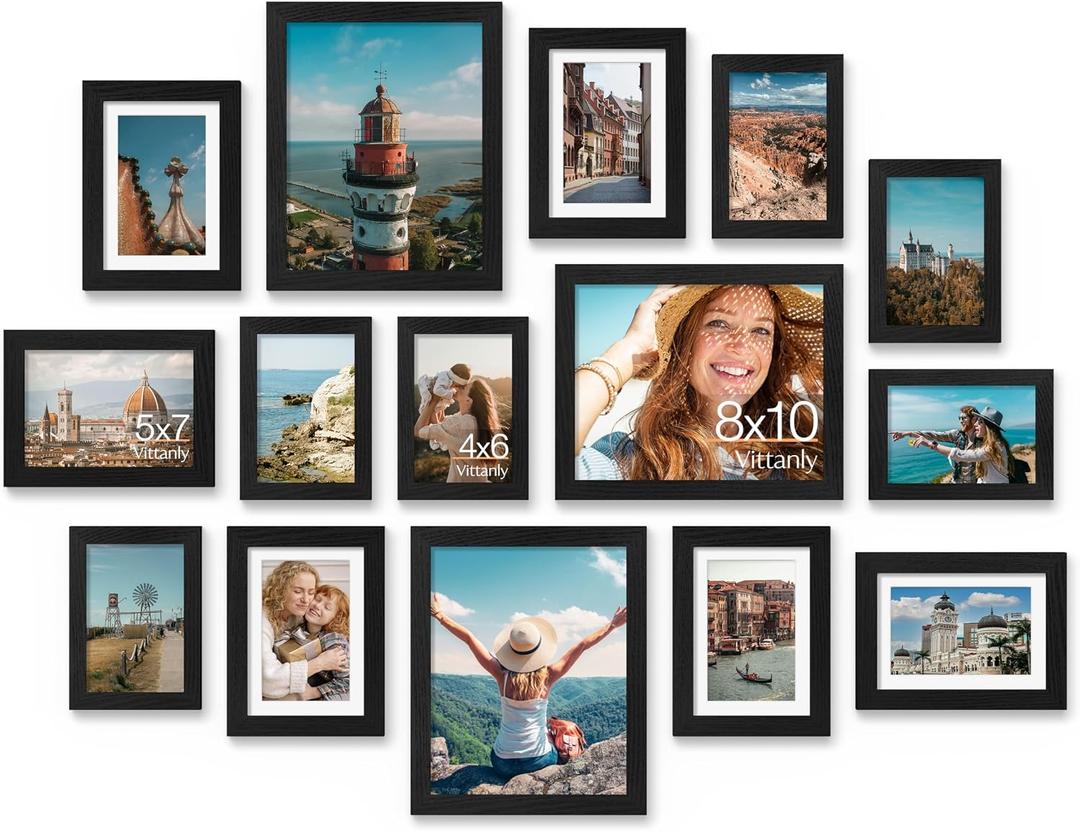 Vittanly 15 Pack Picture Frames Collage Wall Decor, Wall/Tabletop Display | Black, Multi-Size Gallery Wall Frame Set: 3pcs 8x10, 6pcs 5x7, 6pcs 4x6. Picture Frame Set for Family