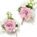 Serwalin Pink Rose Corsage and Boutonniere Set, Prom Flower Wrist Corsage Bracelets, Homecoming Roses Corsage Wristlet and Men Boutonniere for Wedding Flowers Accessories Prom Suit Decorations