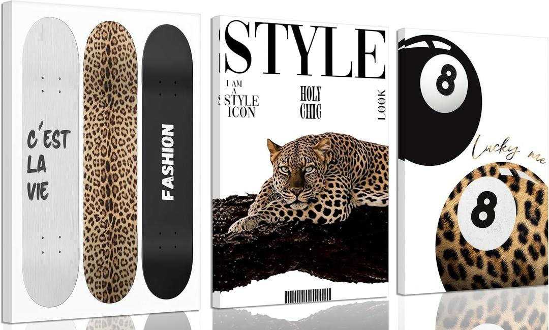 3Pcs Trendy Leopard Canvas Wall Art Preppy Aesthetic Stylish Leopard Painting Picture Wall Decor Funky Lucky 8 Ball Cheetah Poster Print Artwork for Bedroom Living Room Bathroom Home Decoration