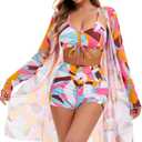 Yknktstc Womens 3 Pieces Bikini Set Swimsuit Tropical Beach Cover up Kimono Swimwear Bathing Suit with Boy Shorts (X-Large)