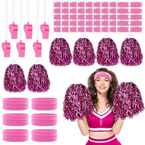 FineCheer 28 Pcs Spirit Support Items 6 Set Team Spirit Week Accessories Including Headbands Whistles Cheerleading Pompoms Sports Stickers for Sports Watching Games Cheering(Pink)