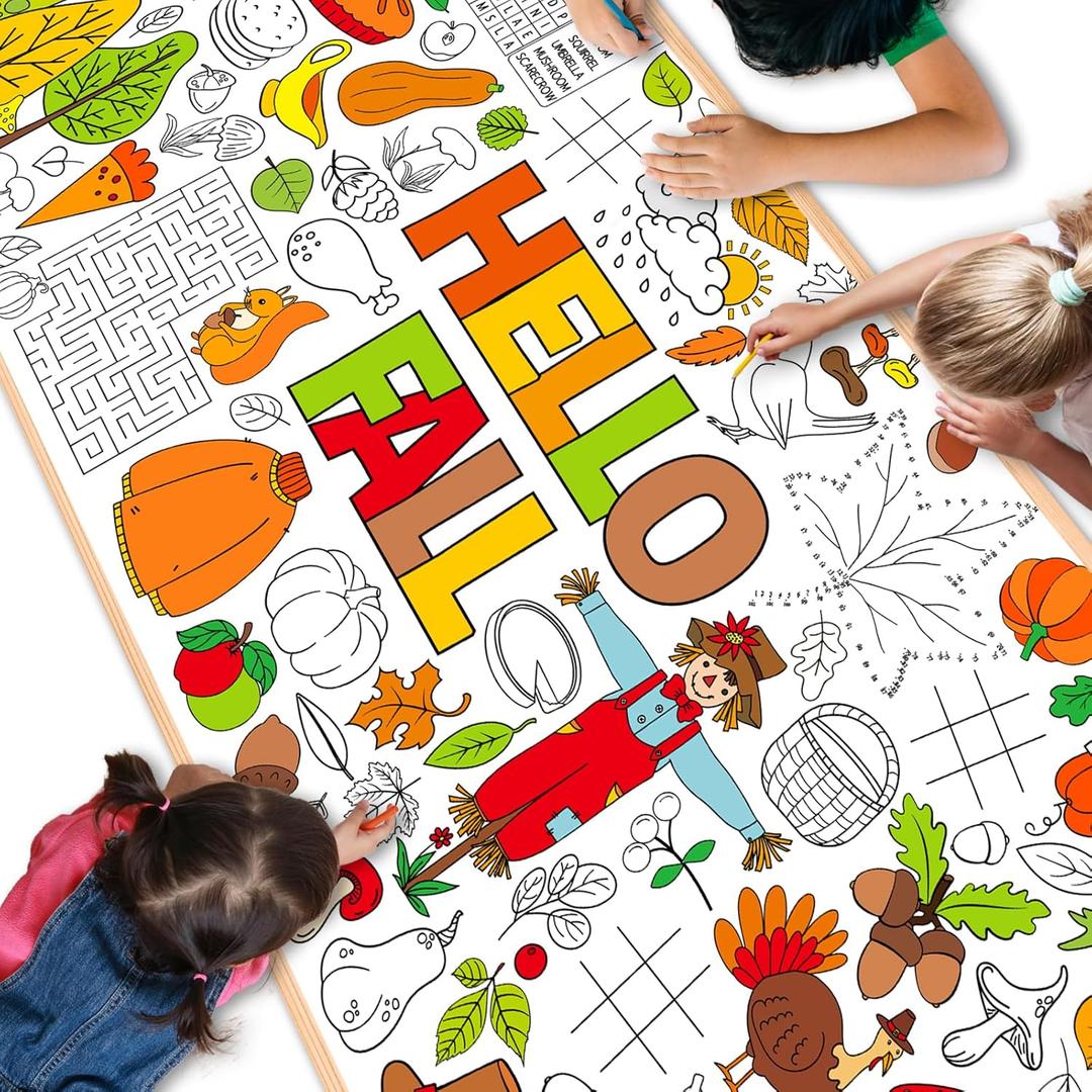 Qyeahkj Giant Coloring Poster Hello Fall Coloring Poster for Kids Jumbo Coloring Table Cover Large Coloring Table Cloth Fall Party Game Supplies Wall Banner Thanksgiving Halloween Decoration 71 x 30in