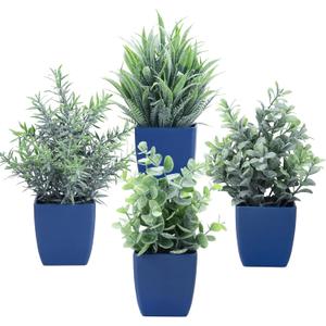 summer flower Set of 4 Fake Plants in Pot Small Artificial Eucalyptus Potted Plant Mini Wheat Grass Ferns Faux Greenery for Home Indoor Office Table Bathroom Farmhouse Decorations Blue
