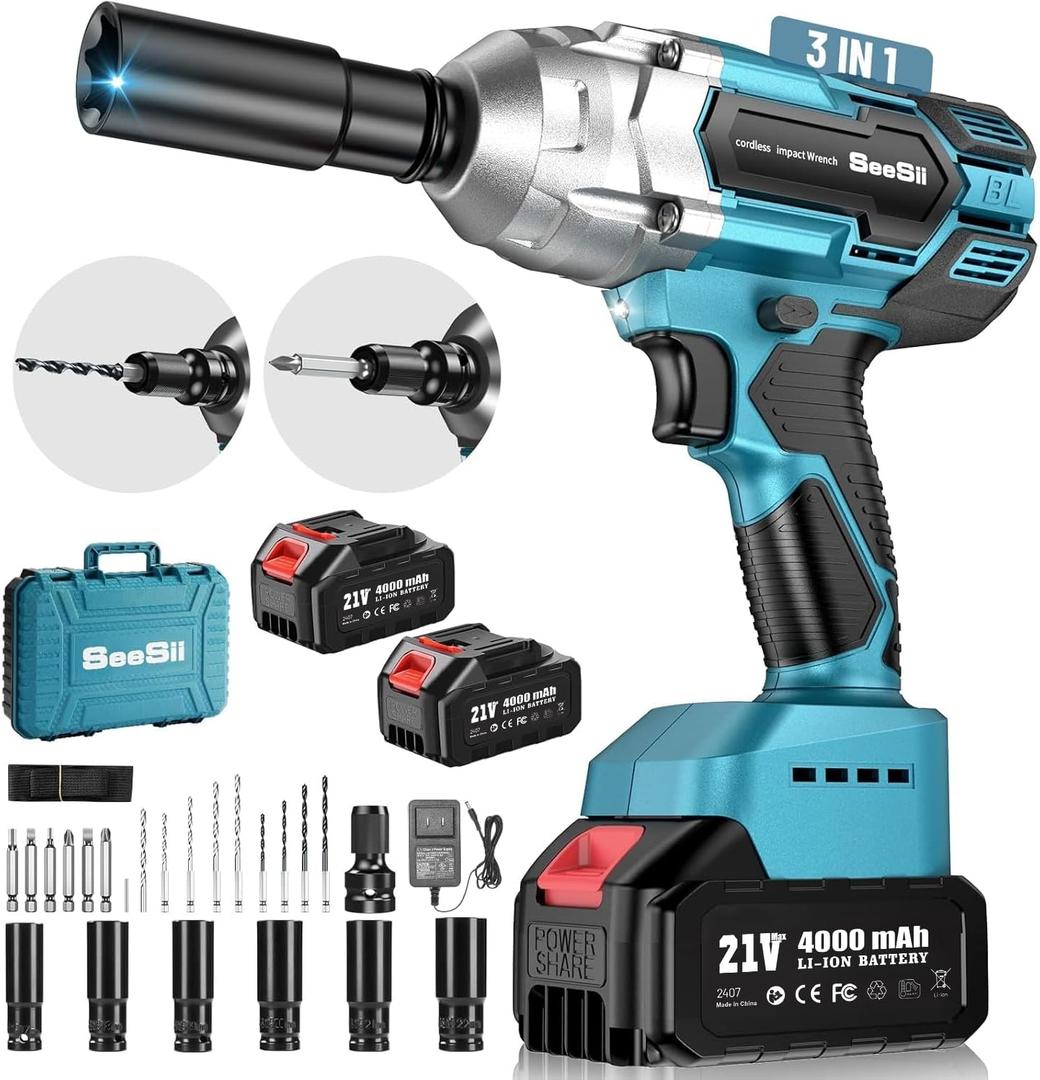 Seesii Cordless Impact Wrench 1/2 inch, High Torque 479 Ft-lbs(650Nm) Brushless Impact Gun,2500RPM w/2x4.0 Battery, 6 Sockets,8 Drill Bits, High Torque Power Impact Driver for Car Home,WH700