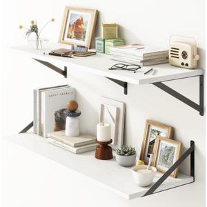 36"W x 12"D Floating Shelves, White Deep Floating Shelves for Wall with Brackets, 12 Inch Deep Wall Shelves for Books, Wide Display Storage Shelves for Bathroom, Living Room, 36 Inch Long, Set of 2