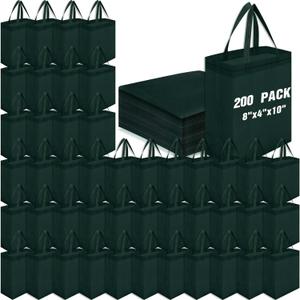 Windyun 200 Pcs Reusable Tote Bag Bulk 8 x 4 x 10 Inch Non Woven Shopping Bag with Handle Christmas Reusable Grocery Gift Tote (Dark Green)