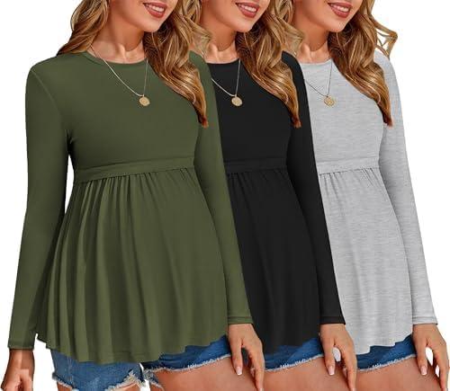 Ekouaer Maternity Shirts 3 Packs Pleated Long Sleeve Tops Tunic Casual Pregnancy Clothes, L