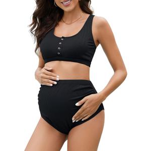 Zando High Waist Maternity Swimsuit Two Piece Pregnancy Swimwear Bikini Bathing Suits for Women Maternity Swimsuits (Black, L)